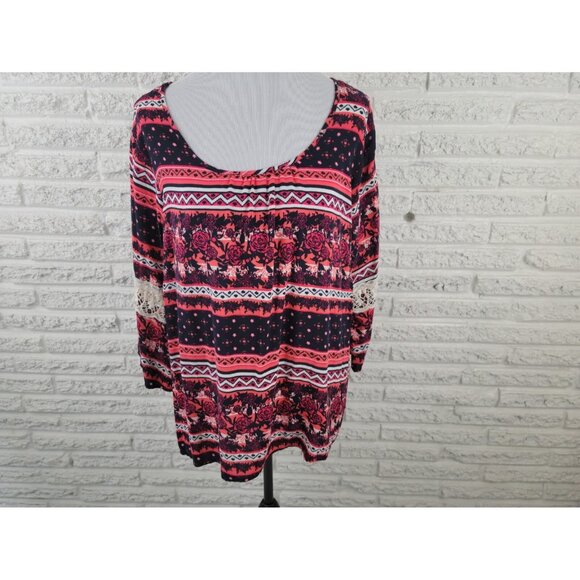 Cato Womens Top 18W 20W Plus Tunic Lace Sleeve Black Floral FLO350E - Picture 1 of 9